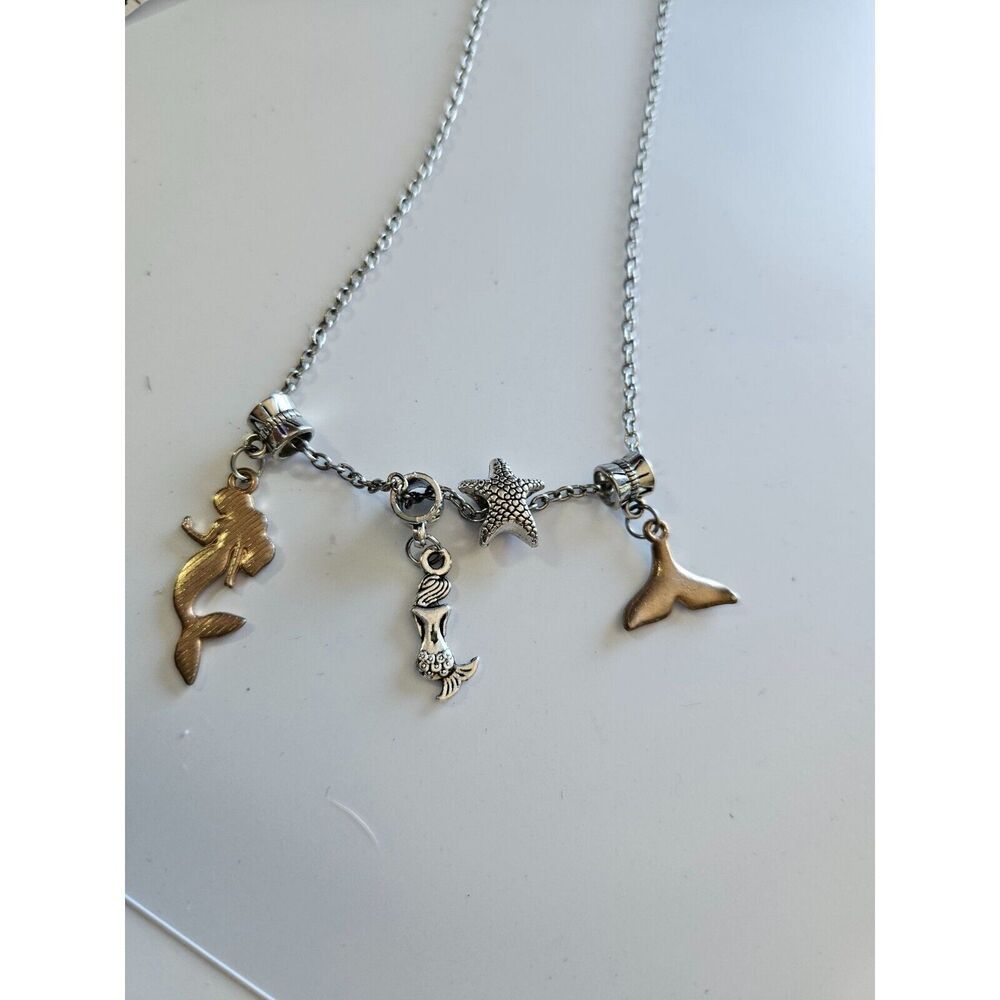 Mermaid charm necklace 18" silver tone blue